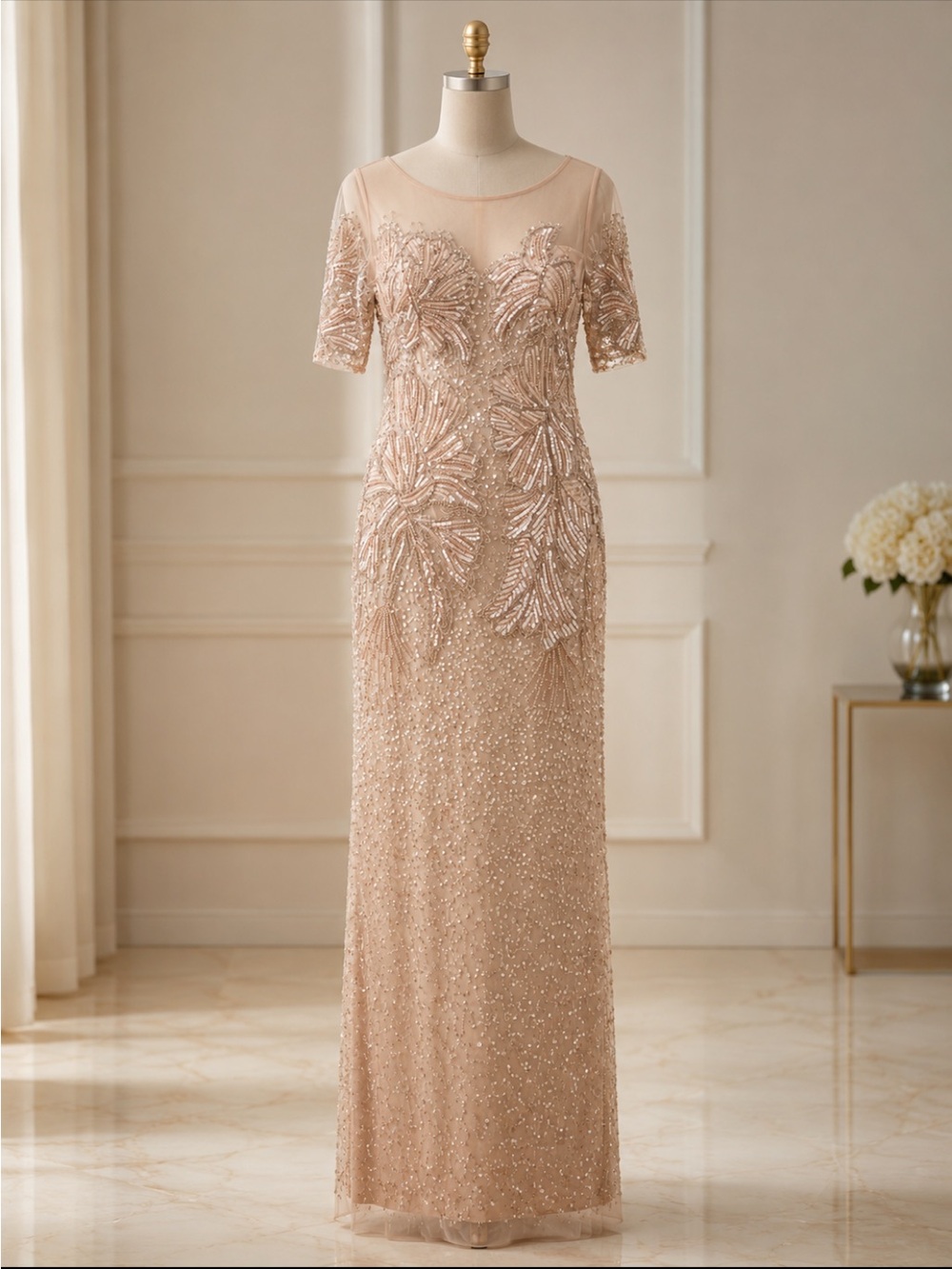 Adrianna Papell beaded elbow sleeves long gown - Picture 4 of 16
